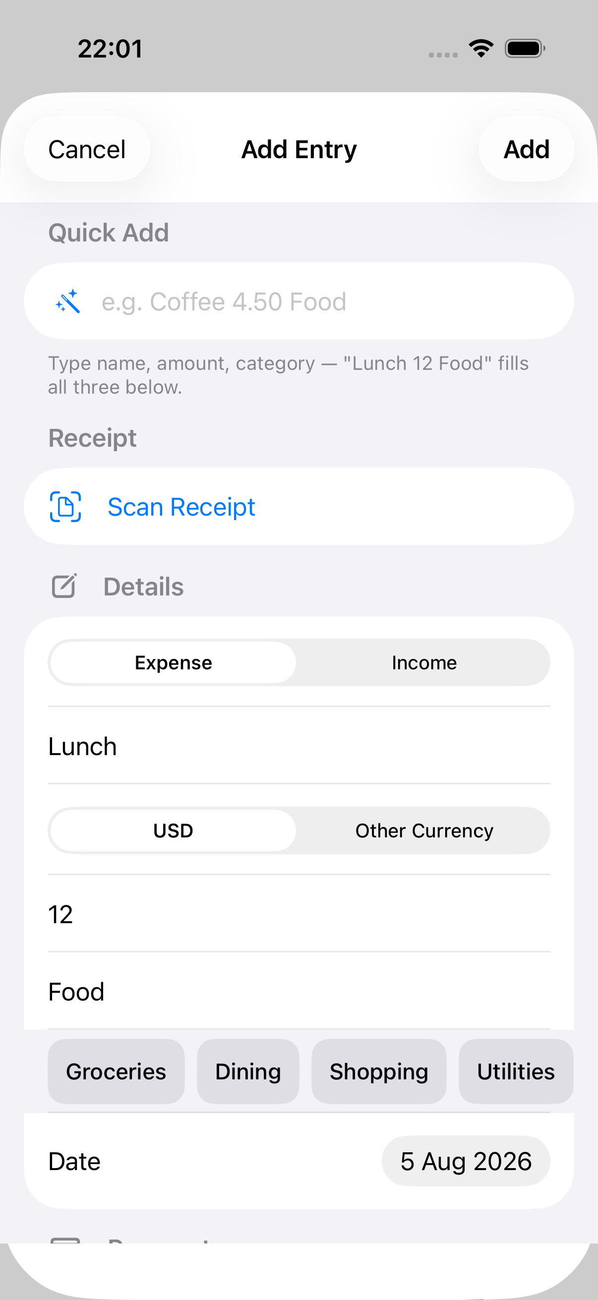 Category suggestion chips for entries
