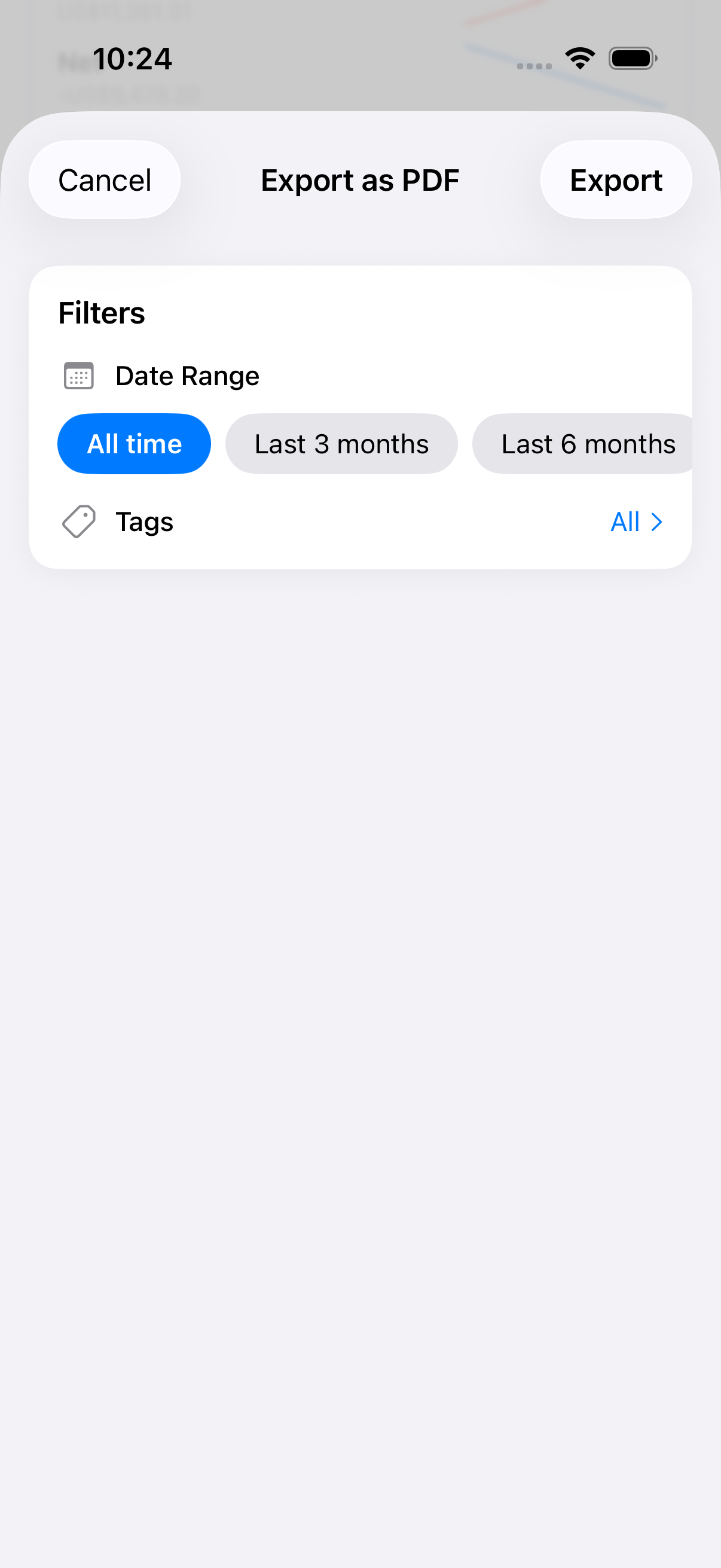 Export filter screen