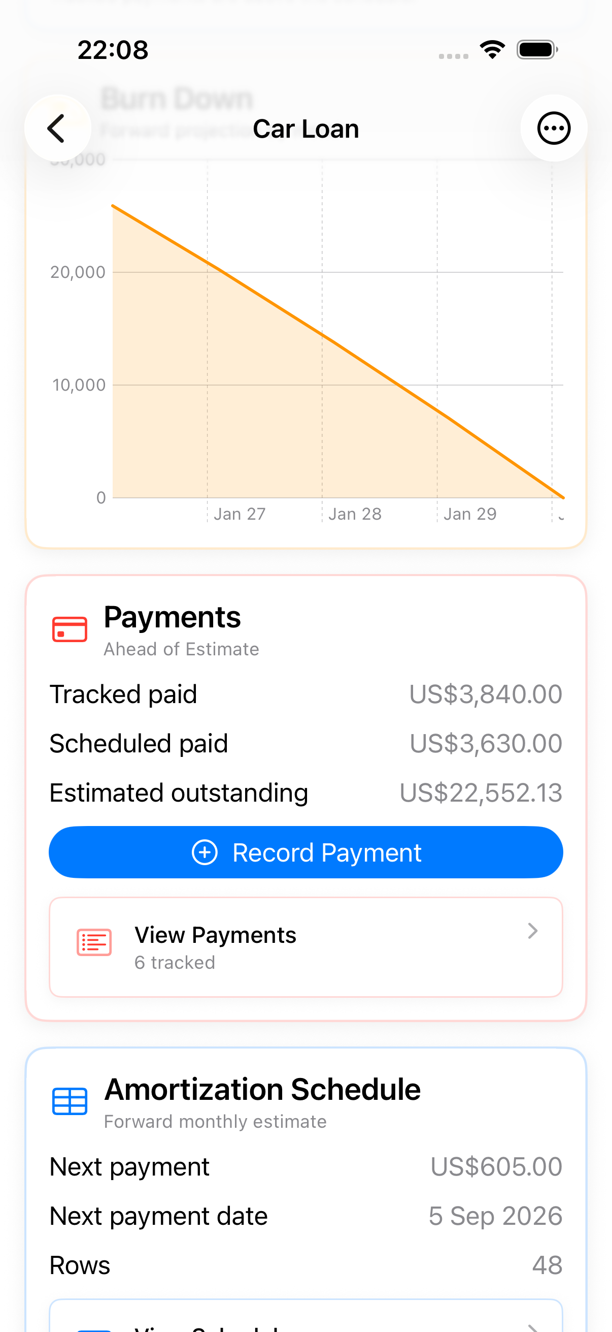 Car loan payments card comparing tracked and scheduled payments