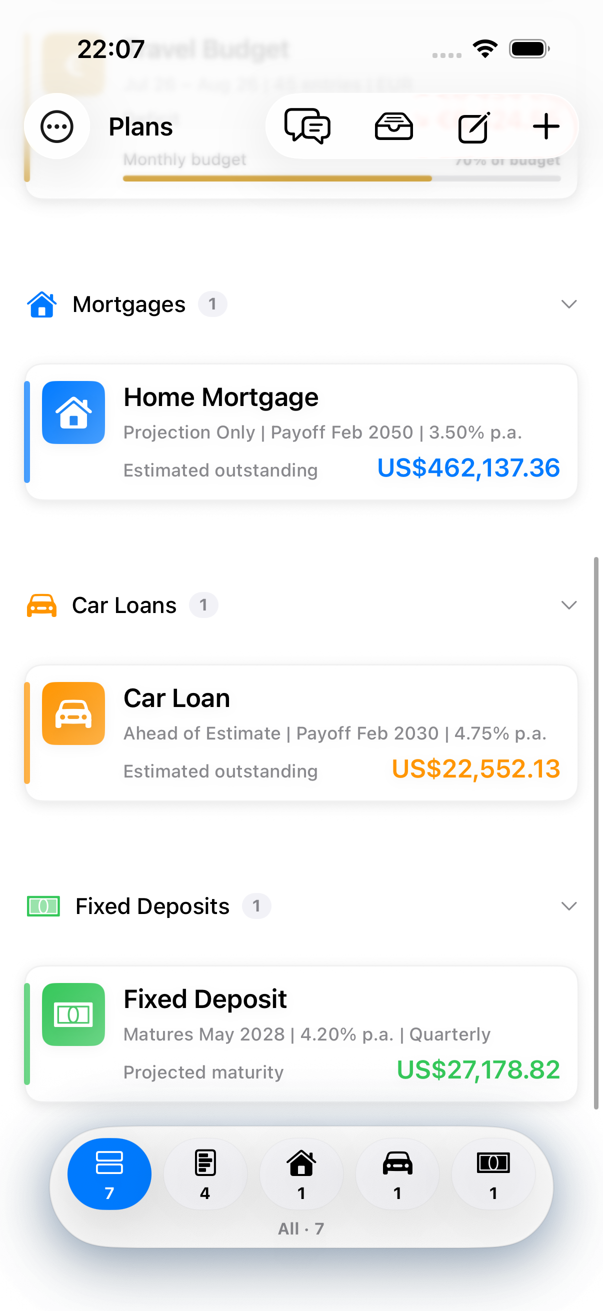 Plan list grouped by type with a filter dock for budgets, mortgages, car loans, and deposits