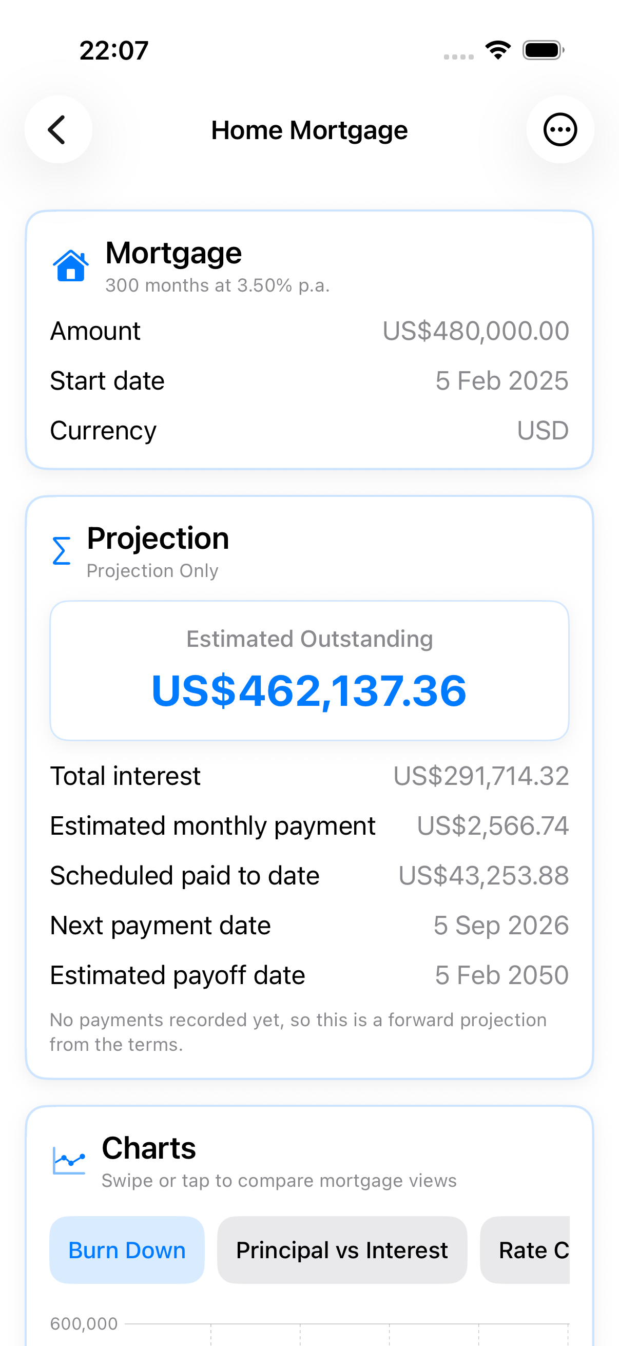 Mortgage dashboard showing estimated outstanding balance and projection