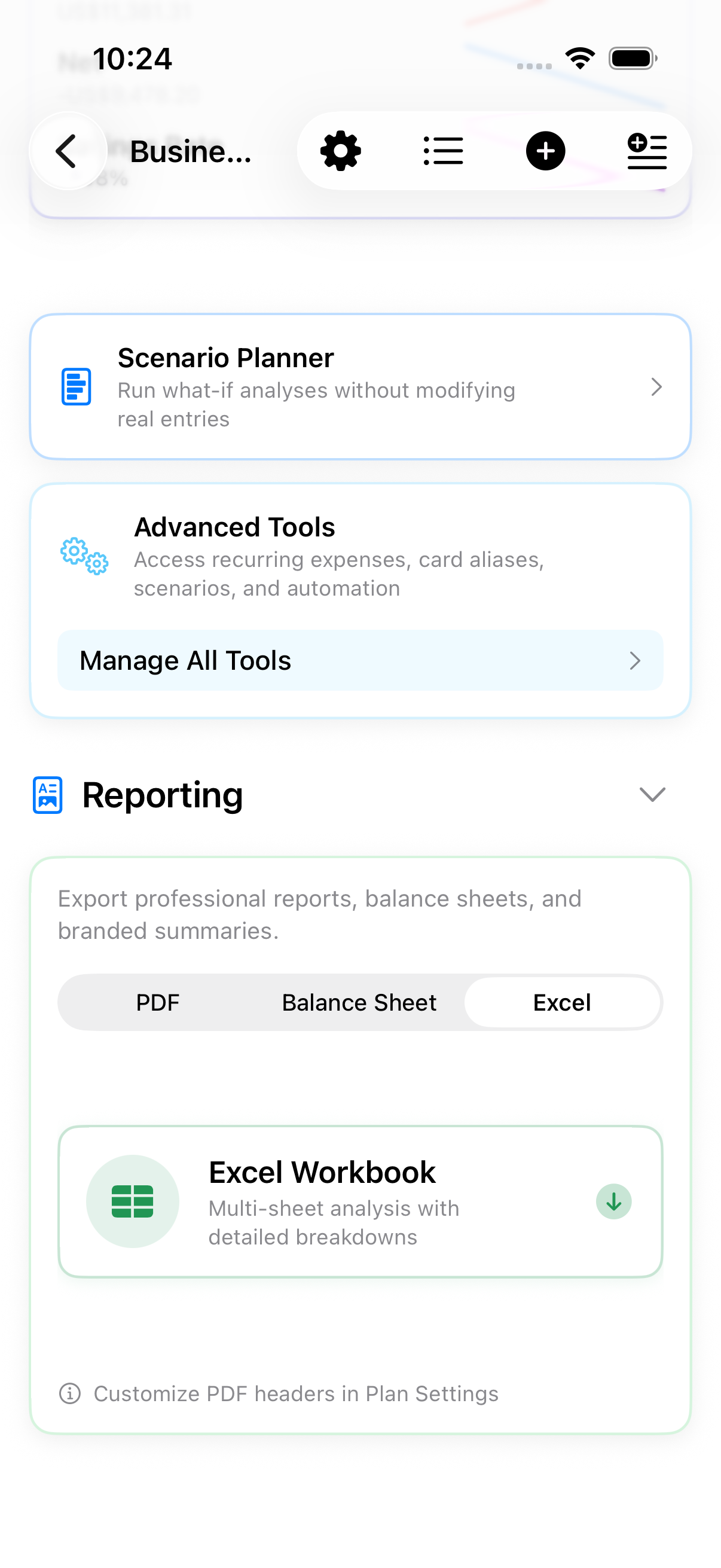 PDF and Excel export options