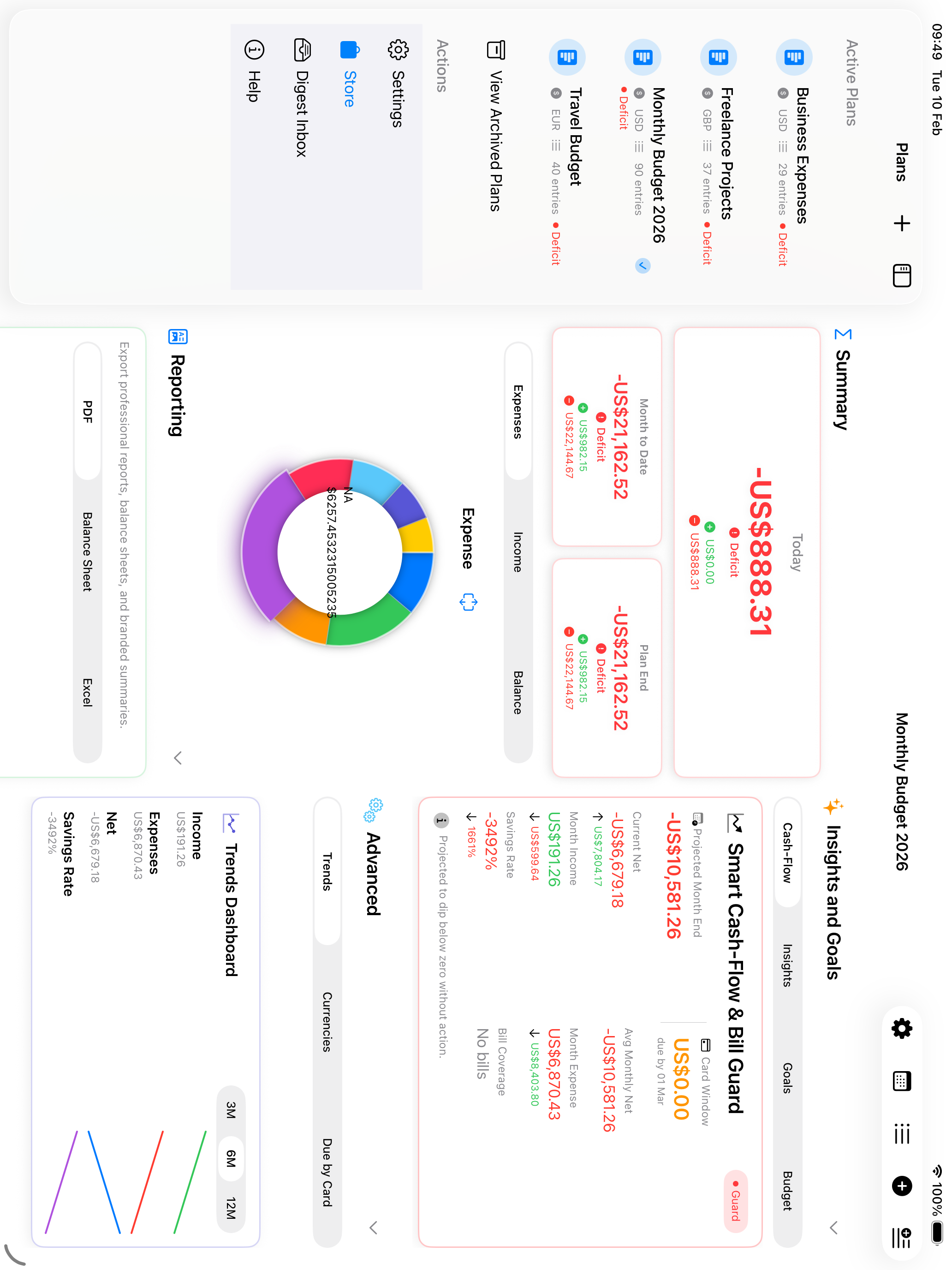 iPad landscape showing expense and income charts side-by-side