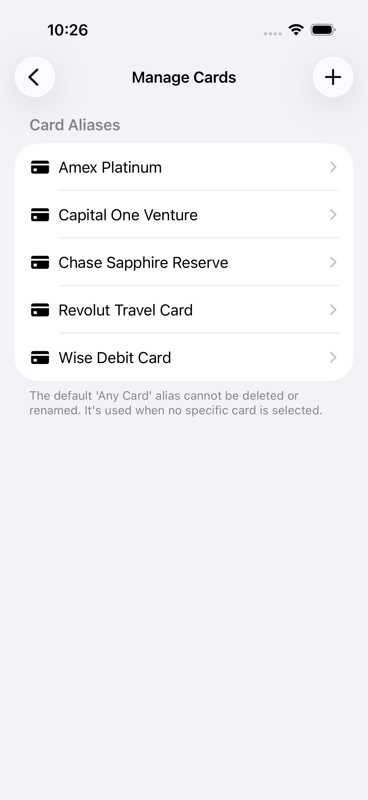 Card alias list with due-by-card summary