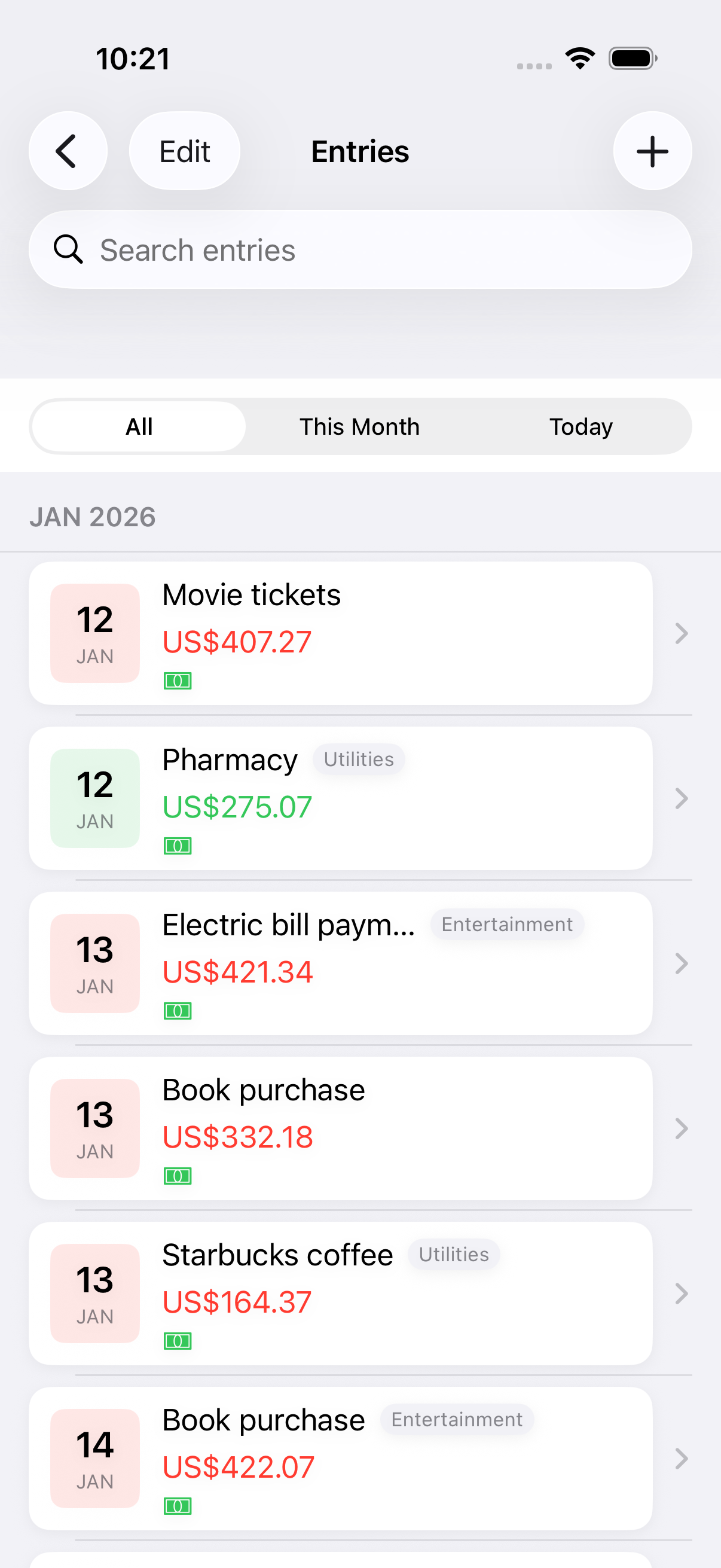 Entry list showing income and expense tags